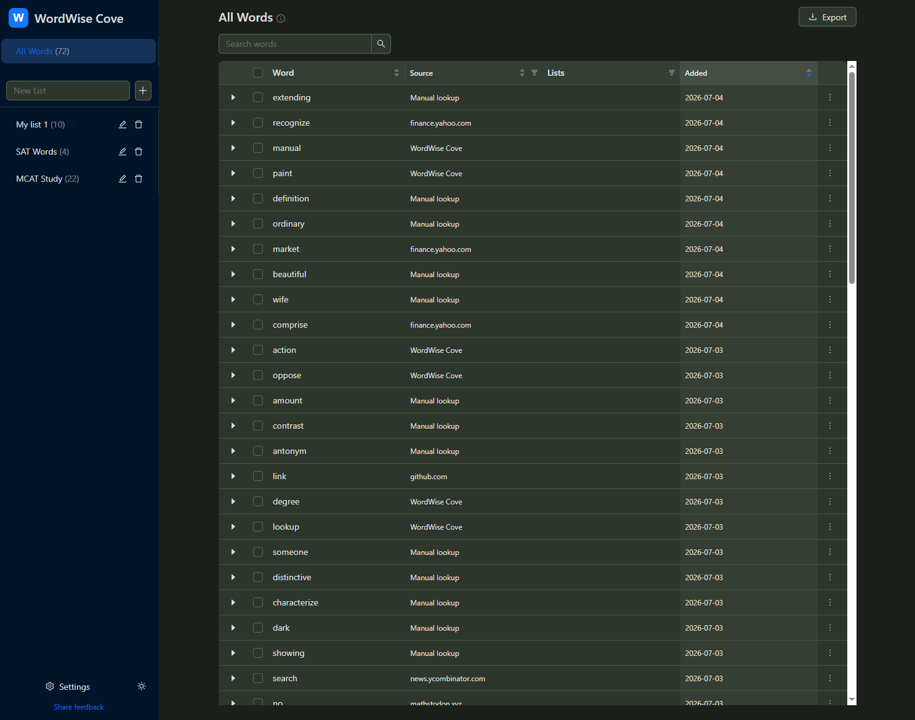 WordWise Cove: a dark dashboard listing saved words with their source pages, custom lists in the sidebar, and export options